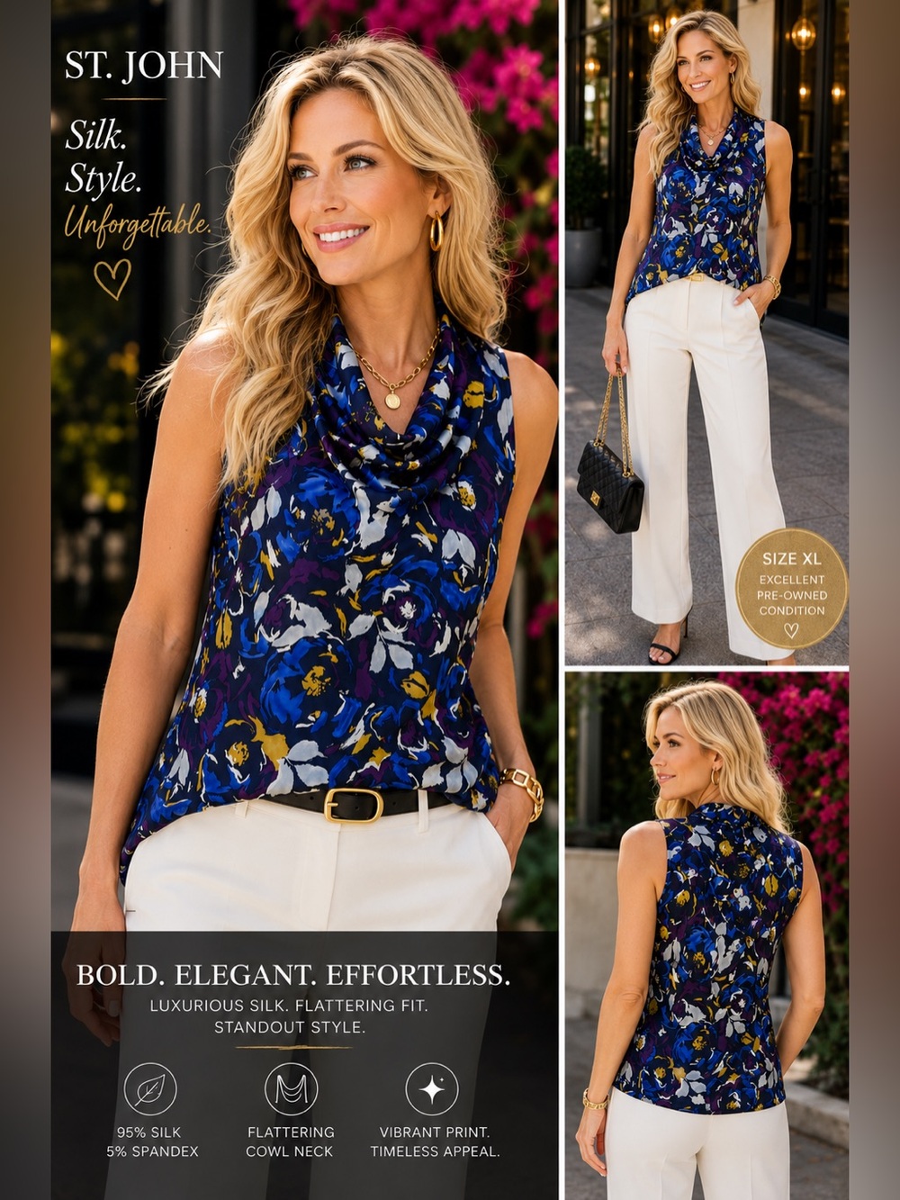 St. John Navy Multi Floral Silk Cowl Neck Shell